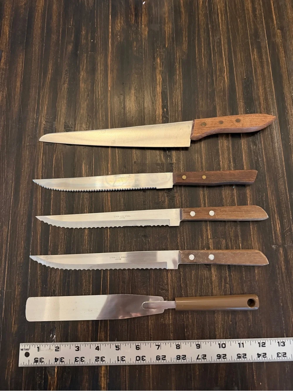 Vintage Japan Kitchen Knife Lot 5 Molybdenum Vanadium Serrated Cake Wood Handles